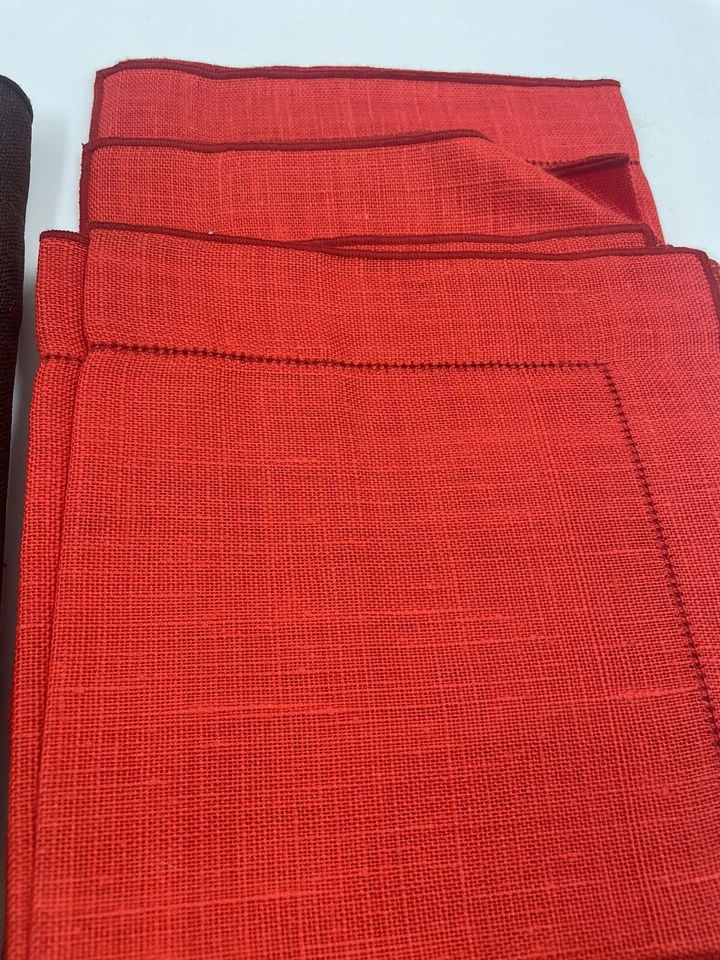 Vintage Linen Blend Table Cloth Brown 60”x84” Oval w/ Red Napkins Embroidered - Image 4 of 4