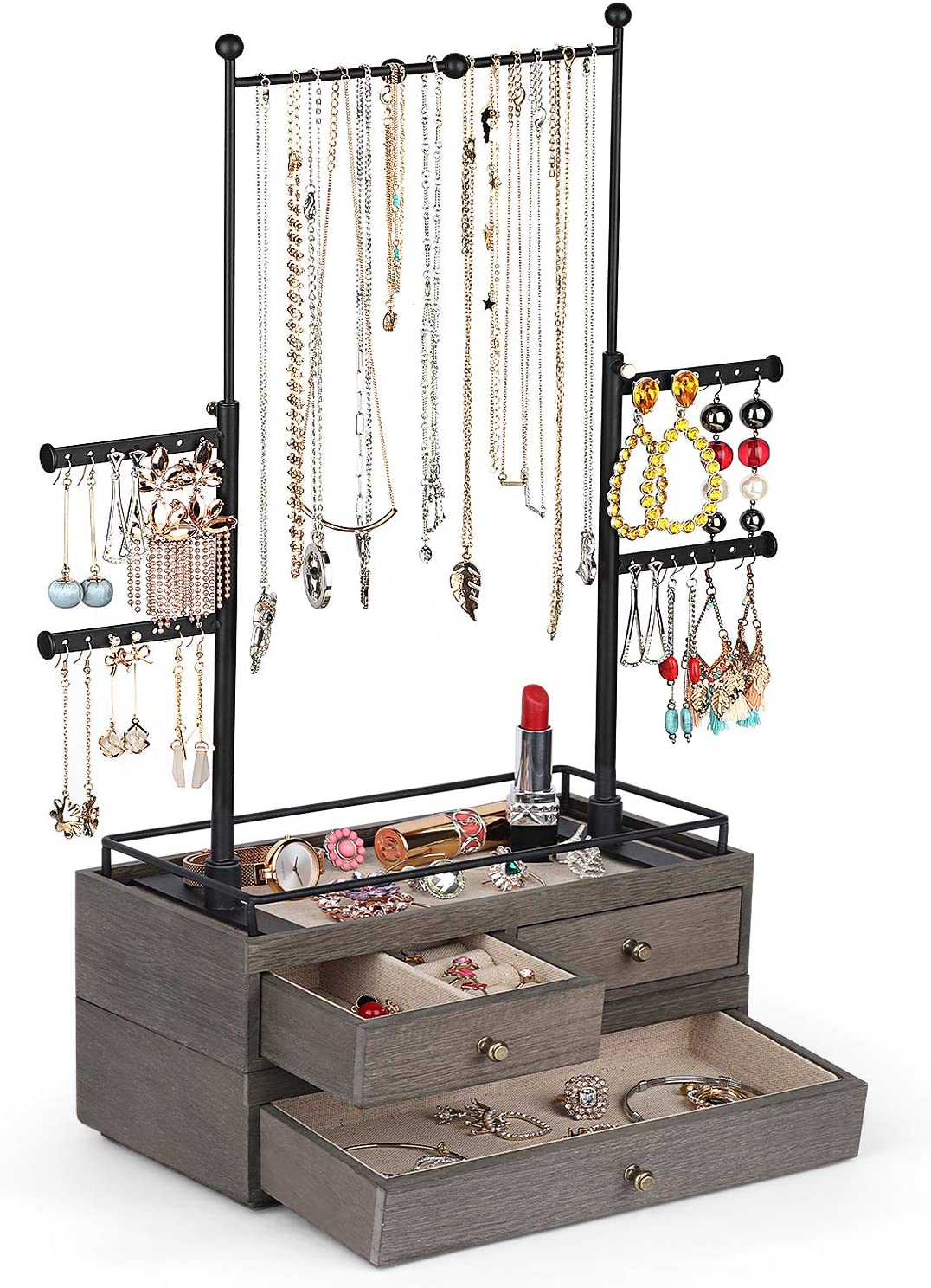 Jewelry Organizer - 2 Layer Wooden Jewelry Drawer Storage Box with 6 Tier Jewelr-image