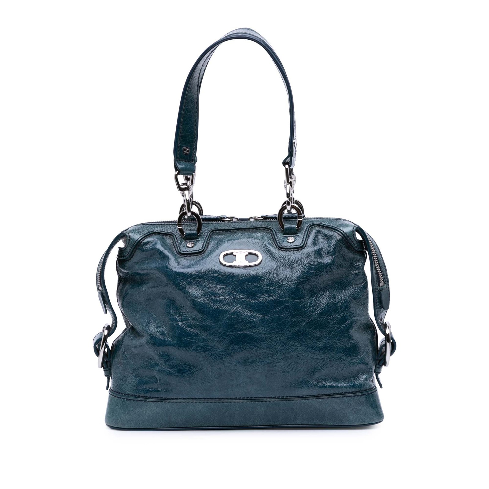 Authentic Celine Macadam Blue Crinkled Patent Leather Shoulder Bag