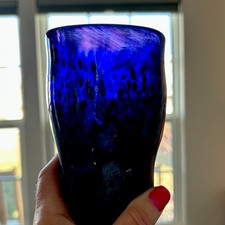 Signed Studio Art Glass Hand Blown Cobalt Blue Purple Tall Tumbler Vase Vintage