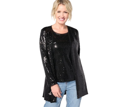 NEW Isaac Mizrahi Live! Long Sleeve Sequin Cardigan Shirt Pitch Black S,M,L,XL