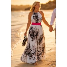 Eliza J Floral Chiffon Halter Maxi Gown with Pink Sash Belt - Black White Size 8