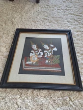 VTG THAI SILK WORLD ART HAND painting RARE 70s 80s TRADITIONAL tribal WALL DECOR