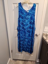 Kaktus Gauzy Dress Sz 1X Blue Palm Trees Midi Cruise Beach Pockets Tropical