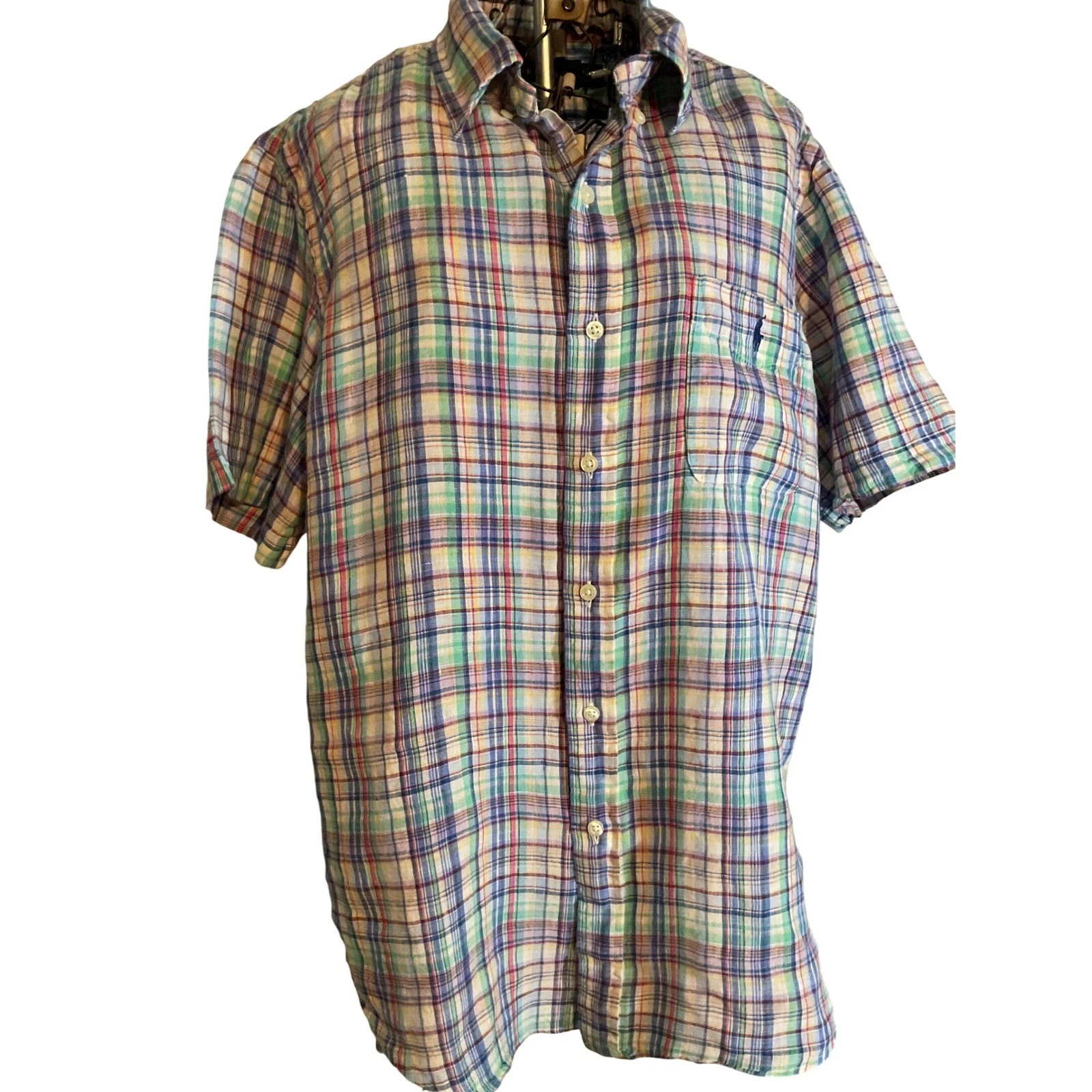 Ralph Lauren Men's Classic Fit Plaid Linen Short Sleeve Button Down Shirt Large