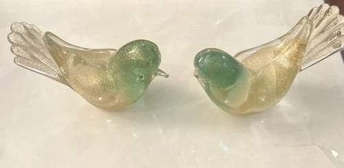 VTG Murano Archimede Seguso Gold Fleck Aventurine Glass Birds Pair (Read)
