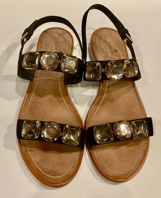 Kate Spade Size 9 Black Nubuck Bacau Jeweled Embellished Low Heeled Sandals