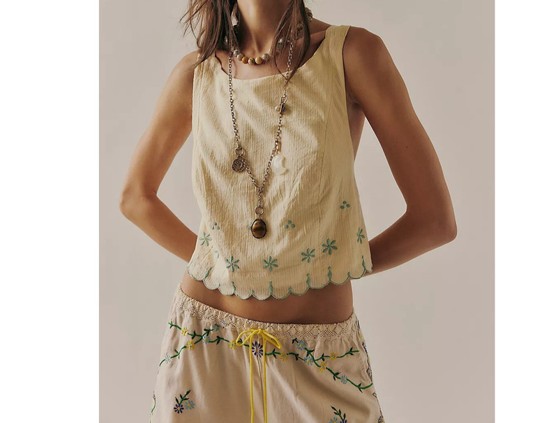 Free People Kayla Solid Embroidered Blouse Top Floral Yellow Cotton XL 280044