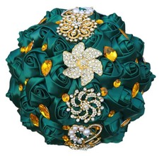 XINNI Luxury Gold Rhinestone Emerald Green Bridal Wedding Bouquet Bride Bride...