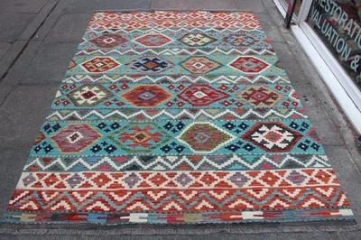 Tapis Kilim Oriental Vintage Laine Tissé Fait Main Bleu Rouge 235x162cm - Photo 1/4