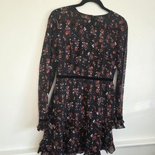 Lulus Black Sexy Romantic Floral Velvet Trim Ruffled Long Sleeve Mini Dress S