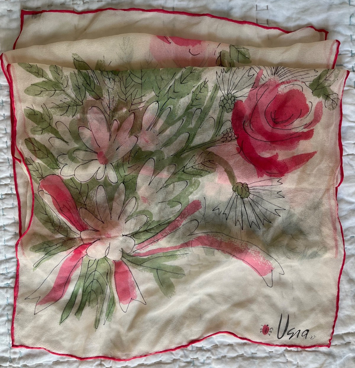 Signed 1960s Vera Neumann oblong silk scarf with a ladybug, daisy, and rose floral print.