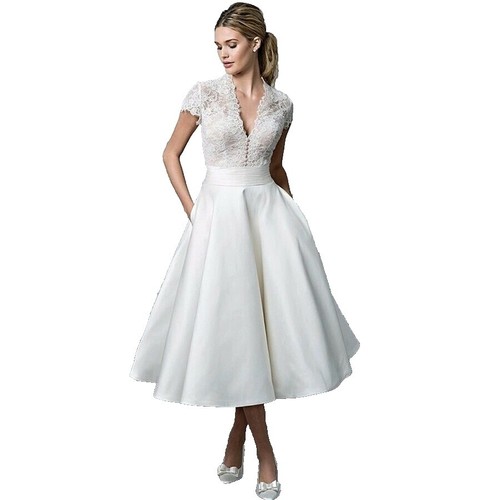 slim fit dress slacks Berylove Women White Graduation Dress Satin A Line V Neck Midi Dress, White / US16W main image 1