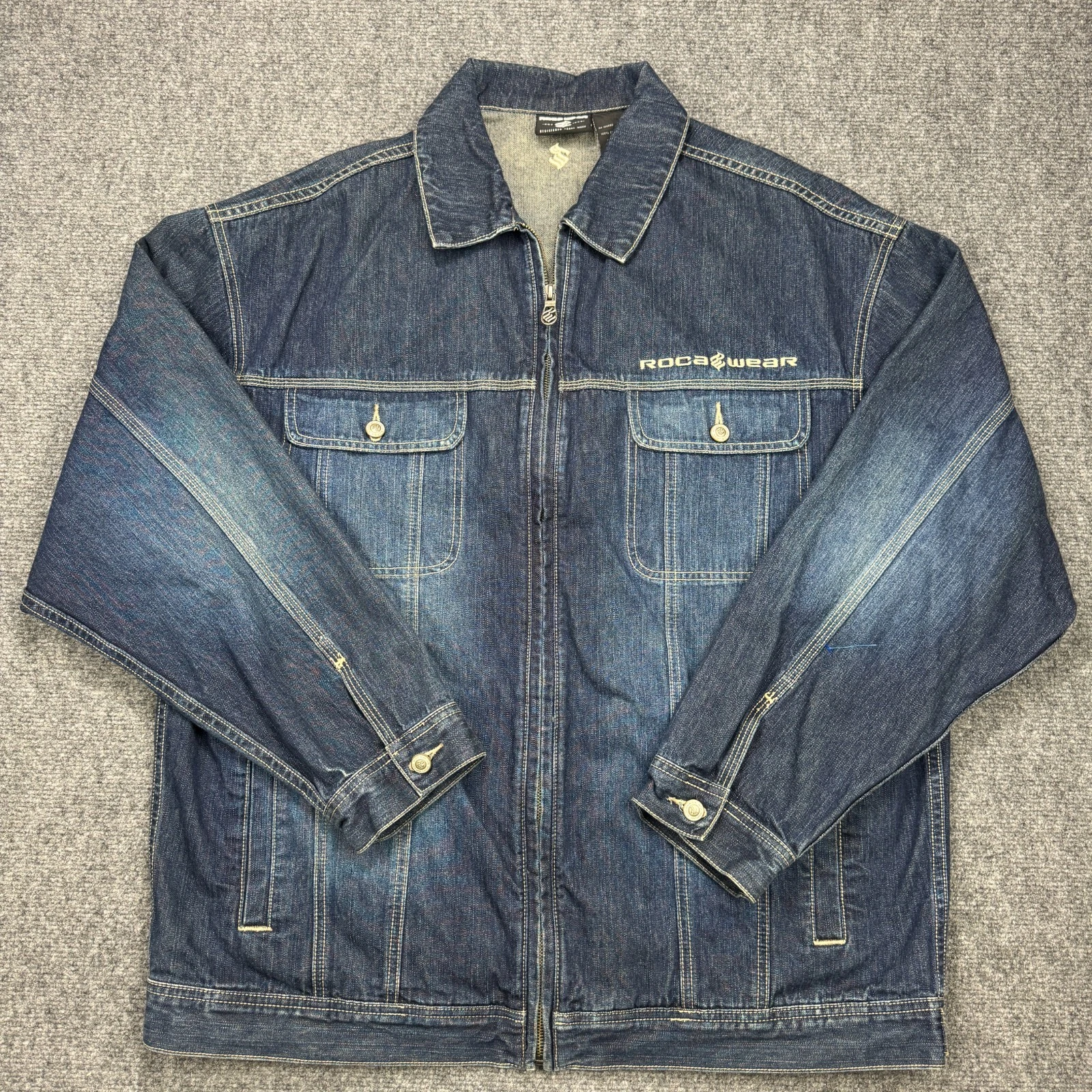 Rocawear Jean Jacket Mens Extra Large Blue Denim Cotton Trucker Full Zip