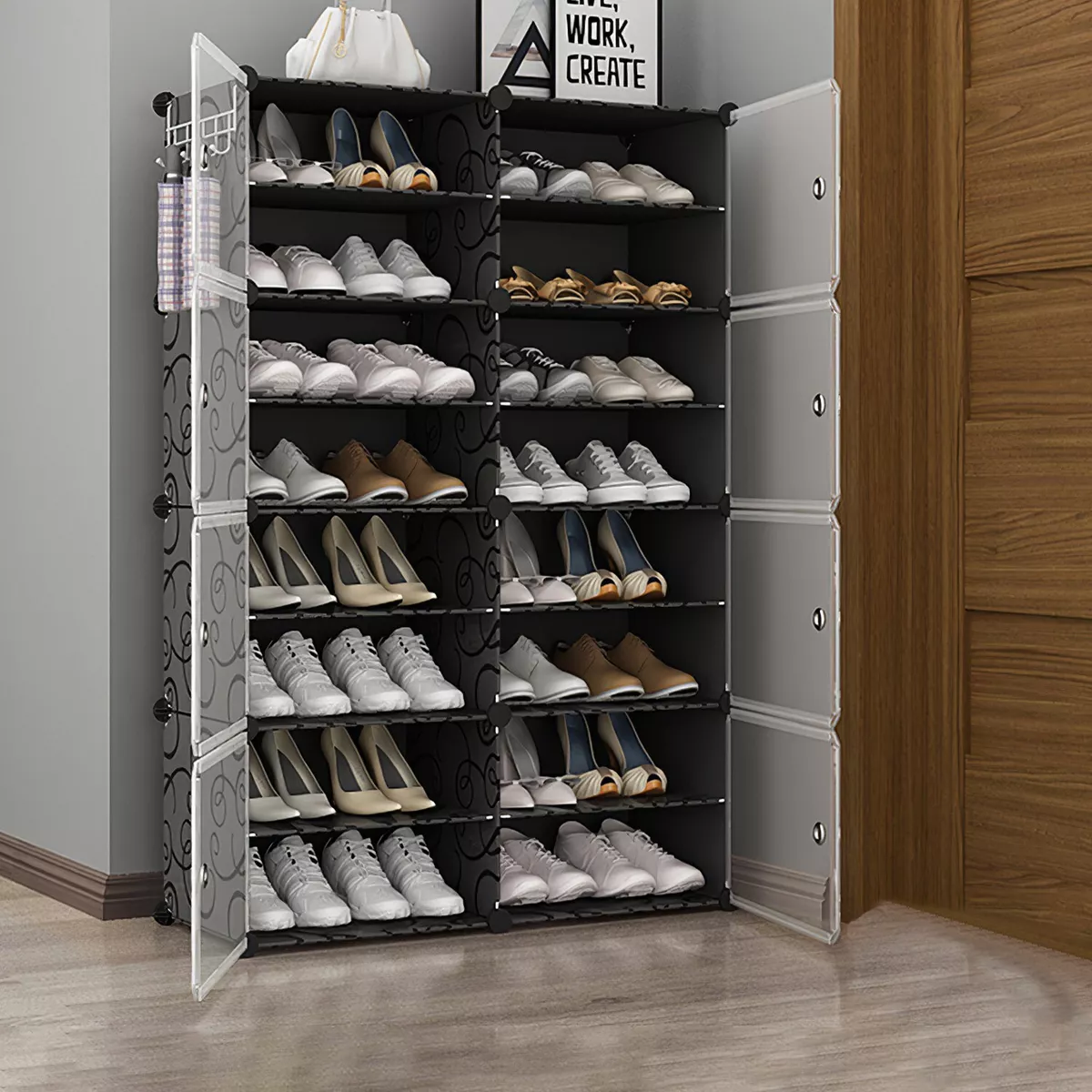 8-Tier 2-Row Shoe Storage Box Shoes Cabinet Case Stackable Container with  Doors