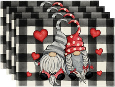 Buffalo Plaid Hearts Gnomes Love Valentine Placemats Set of 4, 12X18 Inch Annive