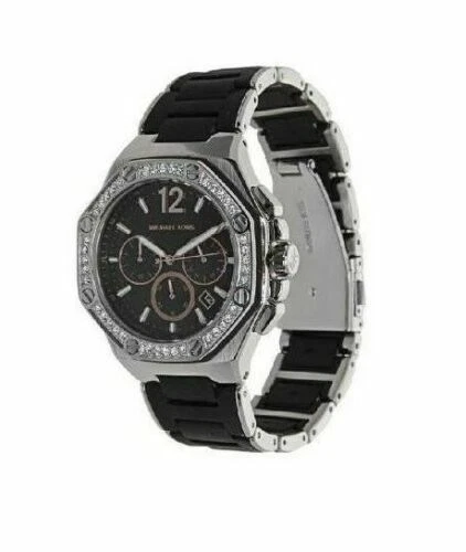 NUOVO OROLOGIO MICHAEL KORS TONO ARGENTO CINTURINO SILICONE NERO CRISTALLO ORO ROSA MK5564