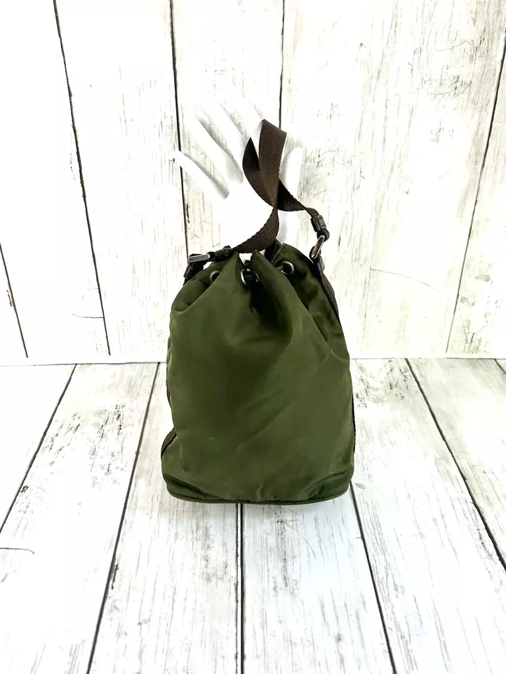 PRADA Mini DUET GREEN VELA NYLON  BROWN Saffiano Trim Drawstring Bucket # 31 /28 - Image 3 of 4