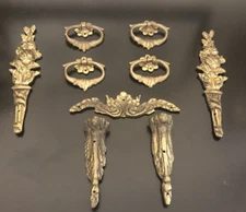 French Chest Salvage Hardware Cast Gilt Drop Pull Pediment Leg Rounds Floral LOT