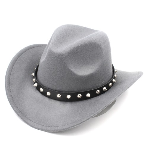 Men Women Wool Wide Brim Western Cowboy Hat Rivet Leather Belt Cowgirl Jazz Cap - Picture 29 of 29