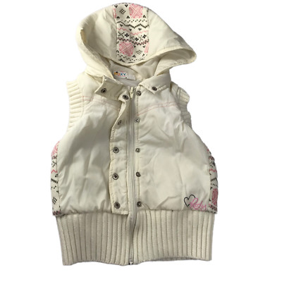 ROXY Zip Up Vest with Hood. Size Girl's L Ivory White with Pink Gray Fair Isle