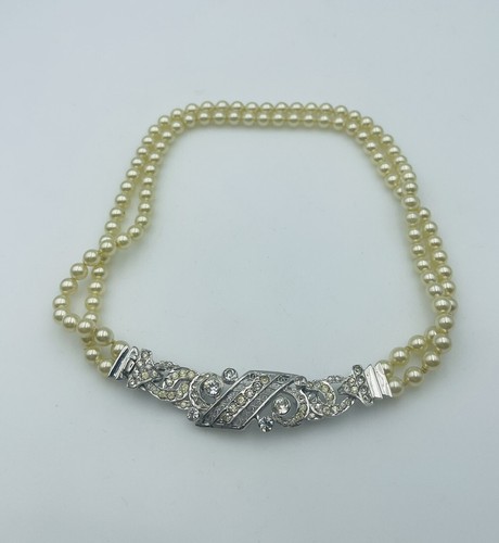 R. DeRosa Vintage Sterling Silver & Faux Pearl Beaded Rhinestone Choker Necklace