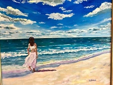 "Beach Walk" , Original Acrylic on Canvas Painting 20"x24" Listed by Artist