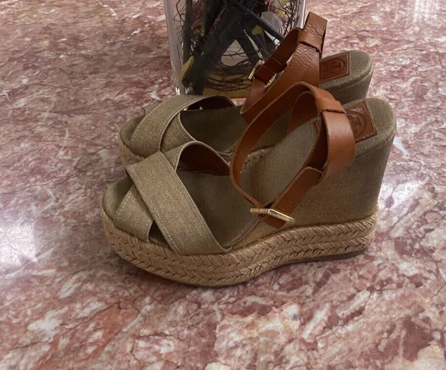 Tory Burch Fabien Espadrille Wedge G Leather Canvas Sandal Shoes Size 8B EUC!
