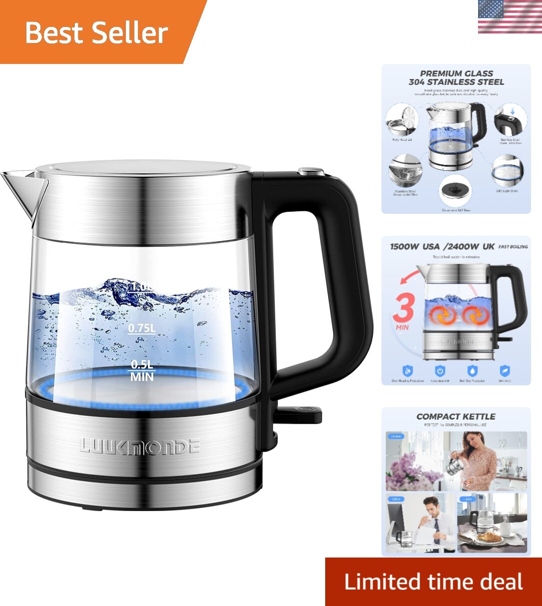 BPA-Free 1L Electric Kettle with LED Light & Ergonomic Handle - Safe Boiling