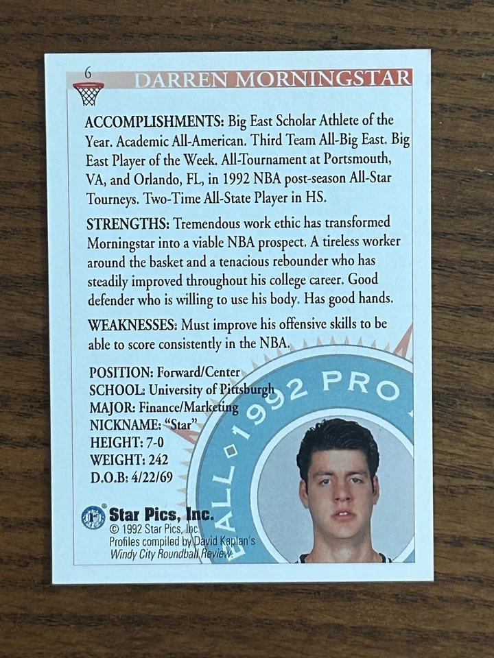 1992 Star Pics #6 Darren Morningstar signed autographed Pitt Panthers - Image 2 of 2