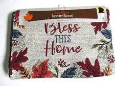 Fall Table Runner Bless This Home Leaves Plaid Autumn Woven Tapestry 13"x68" O