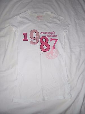 JUNIOR SM AEROPOSTALE PINK SEQUIN & EMBD #'S WHITE SHIRT TOP SUMMER FUN SPARKLE