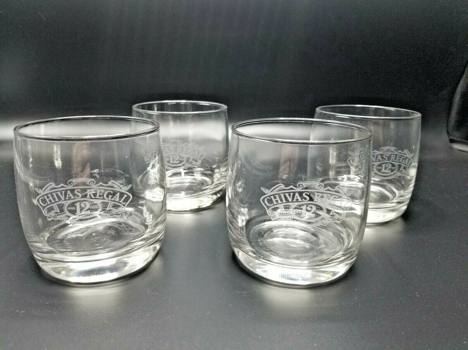 FOUR NEW Chivas Regal Aged 12 Years Scotch Rocks Glass Etched Logo 3.5" Tall 4pc