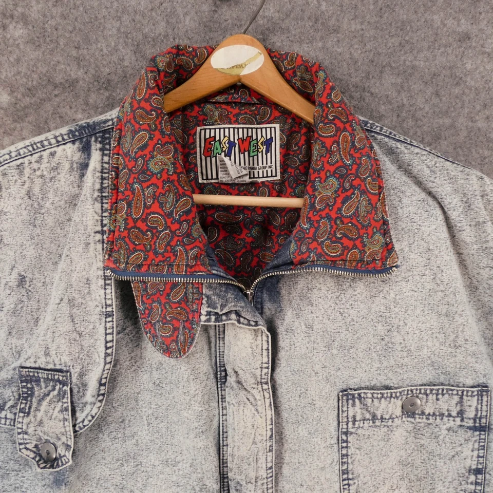复古 East West Panda Group 夹克女式 22/24 有内衬牛仔酸洗 80 年代 — 第 2/4 张图片