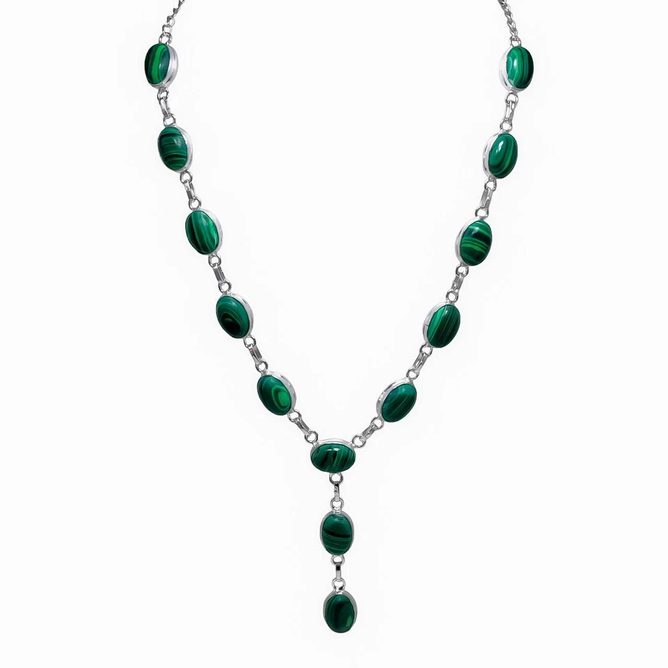 925 Sterling Silver Green Malachite Gemstone Jewelry Necklace Size-17-18" - Image 2 of 4
