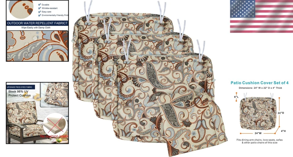 Fundas de cojín de patio resistentes al agua 24x22x4 con cierre seguro de cremallera y corbata Foto 2 de 4