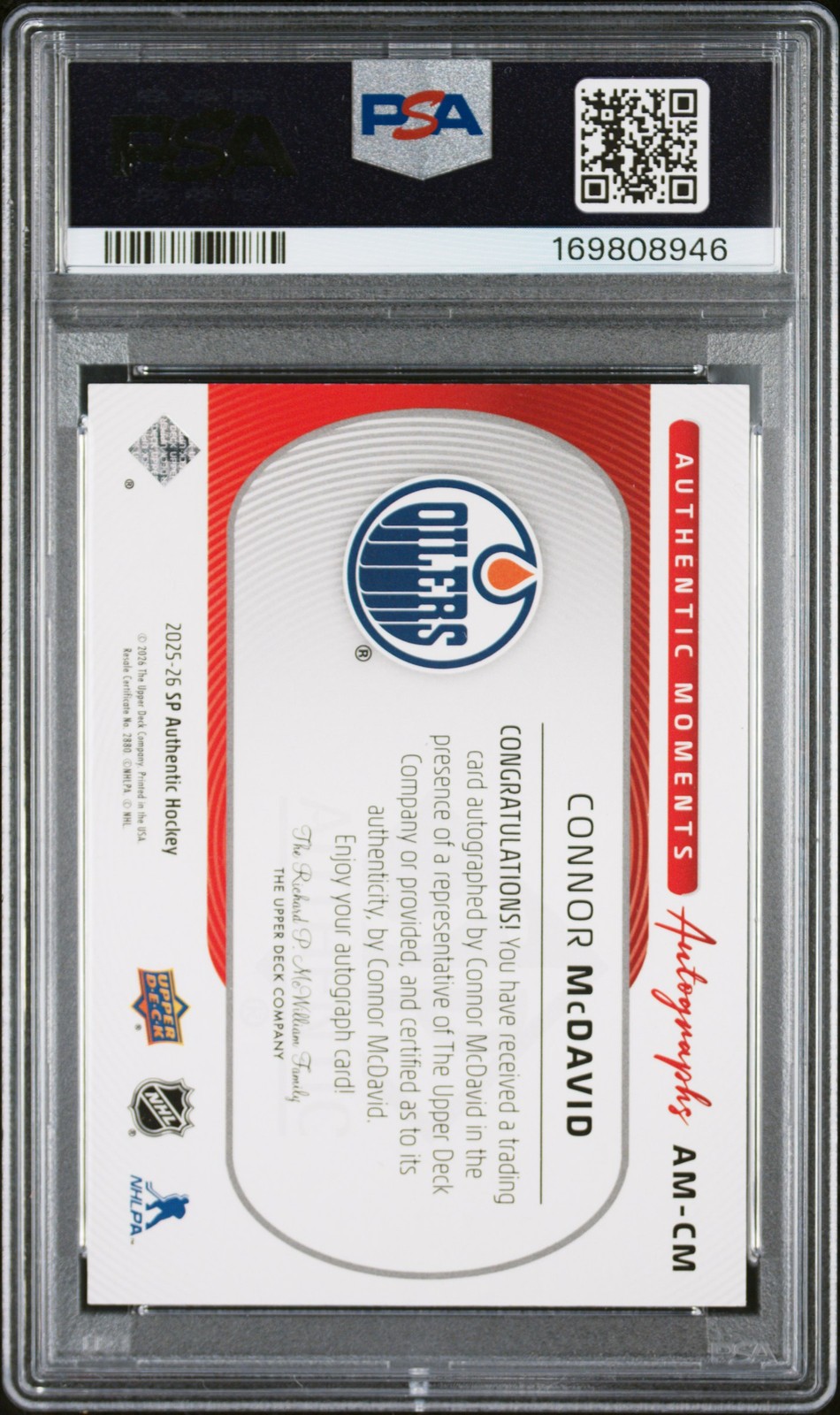 2025 UD SP AUTHENTIC AUTHENTIC MOMENTS AUTOS #CM CONNOR MCDAVID PSA 9 AUTO 10 view 2