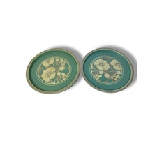 MidCentury Set of 2 Metal Trays Decorative Floral 12.5" Diameter Turquoise