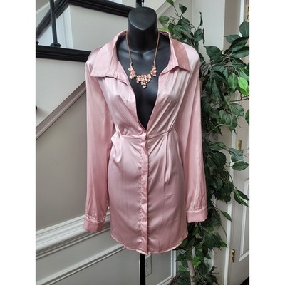 Fashion Nova First Priority Women's Large Pink Satin Long Sleeves Dress