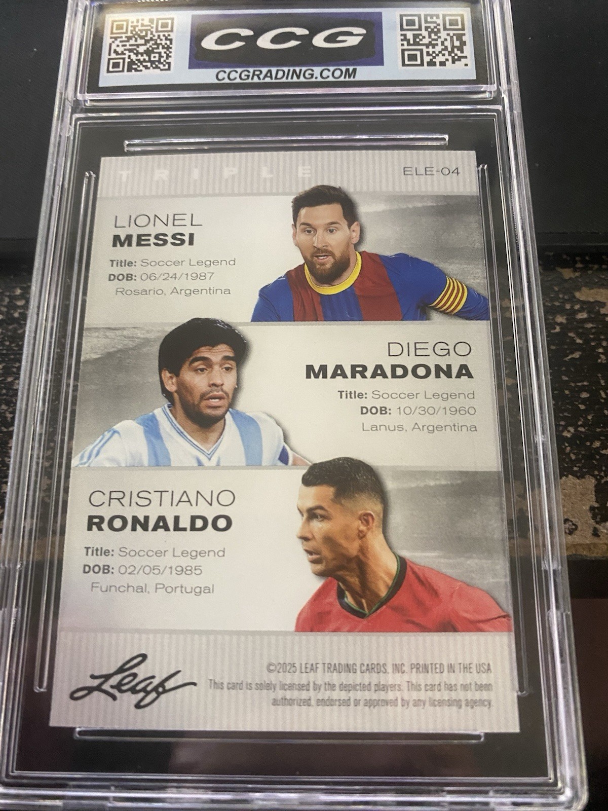 MINT 2025 Leaf LEGEND EXCLUSIVE MESSI / MARADONA / RONALDO ELE-04 Gem 10 CCG view 2
