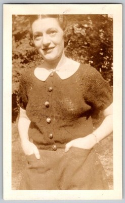Vtg B&W Snapshot Smiling Woman In Button Cardigan White Collar At Camp 1936