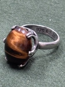 BRUTALIST MCM MEXICO TAXCO EAGLE3 STERLING SILVER TIGERS EYE RING SIGNED JA 5.75