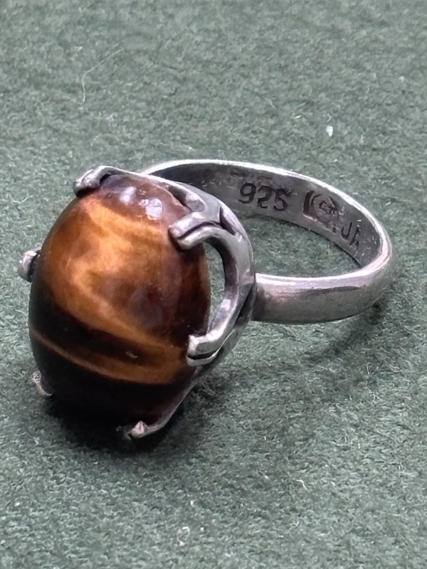 BRUTALIST MCM MEXICO TAXCO EAGLE3 STERLING SILVER TIGERS EYE RING SIGNED JA 5.75