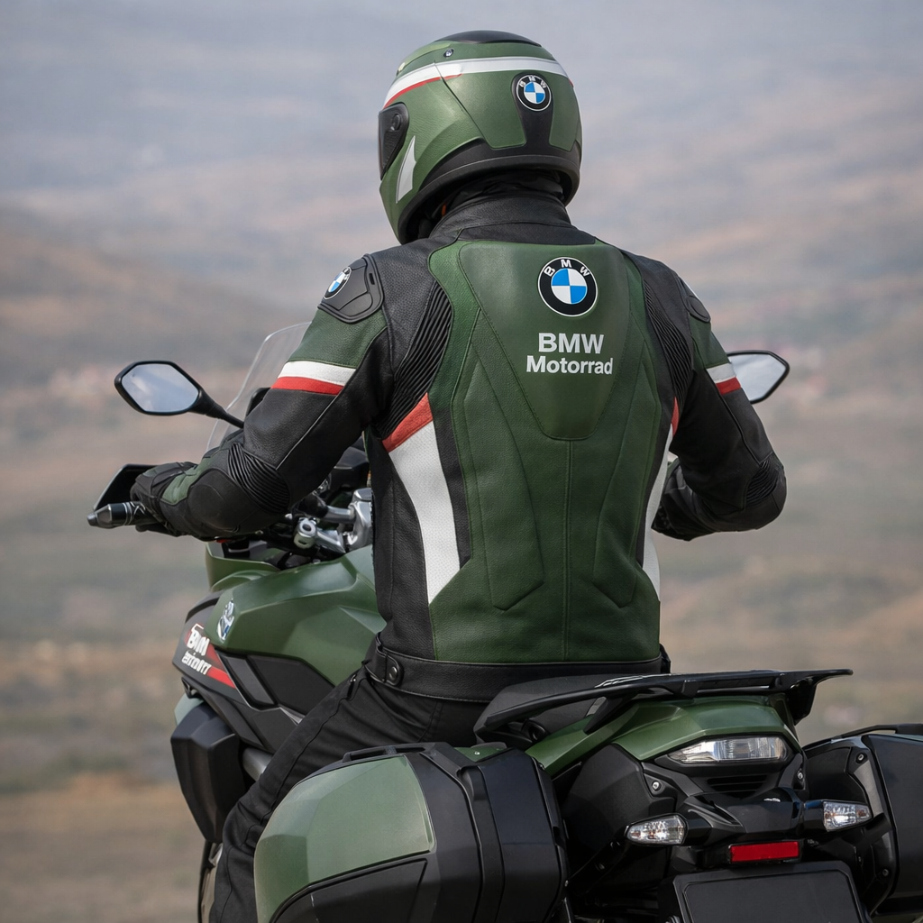 BMW Motorrad Green Racing Motorcycle CE Armored Biker Genuine Leather Jacket