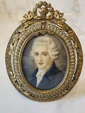 19c. Antique Victorian Miniature Painting Noble Man Portrait Wood Framed Signed