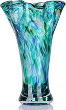 9.0" H Teal Glass Vases for Flowers, Unique Hand Blown Glass Vase Green Home
