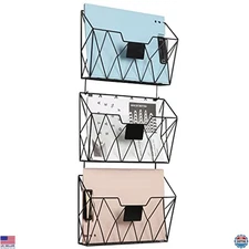 YBING Set of 3 Black Metal Wall File Organizers - Stylish Hanging Holder & Rack