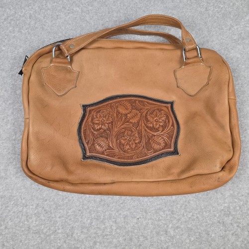 Brown Leather Business Case 18" Floral Tooled Soft Briefcase Men Travel Bag