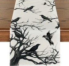 Silhouette Tree Crows Halloween Table Runner, Branches Fall Kitchen Dining Table