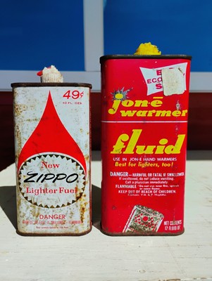 Lot Of 2 Vintage Lighter Fuel Fluid Cans Zippo & Jon-e Warmer